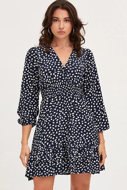 Women's Travel Outfit Set Geo Print Skater Dress Long Sleeve Mini Ruffle