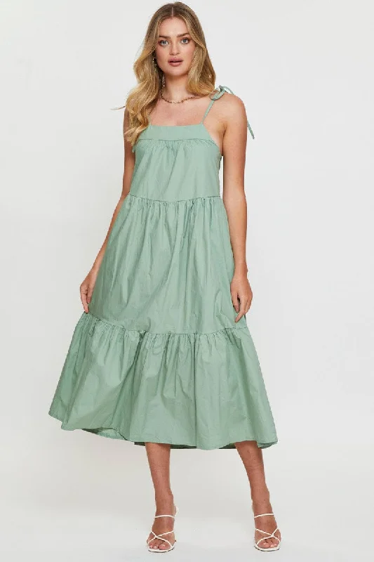 Woman Clothing Green Midi Dress Sleeveless Tie Shoulder