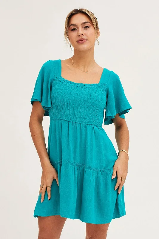 Women's Stylish Professional Apparel Green Shirred Bust Skater Dress