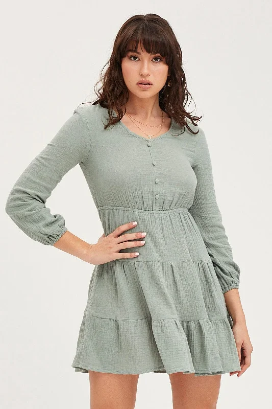 Everyday Women's Fashion Trends Green Skater Dress Long Sleeve Mini