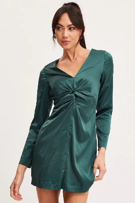 Women's Seasonal Garments Green Twist Front Dress Long Sleeve Mini