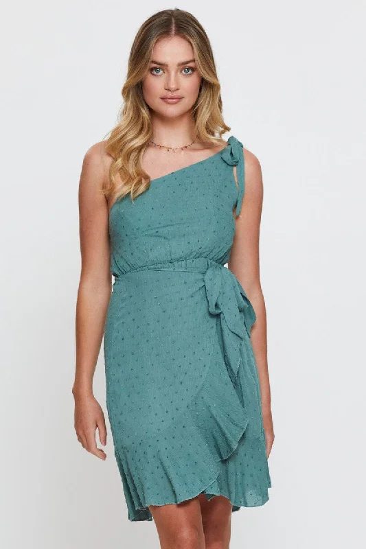 Women's Casual Clothing For Lounging Green Wrap Dress One Shoulder Sleeveless