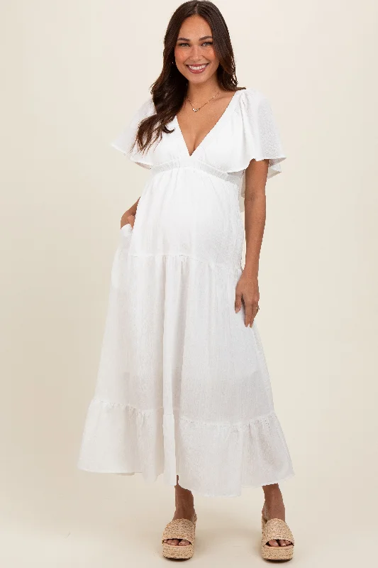 Fashion-Forward Women's Clothing Ivory Deep V-Neck Flutter Sleeve Tiered Maternity Midi Dress