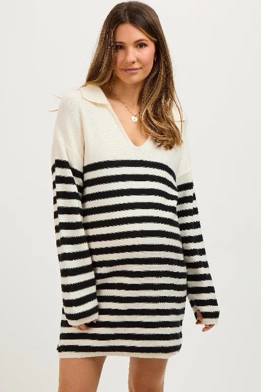 Fashionable Women's Clothing Ivory Striped Collared Long Sleeve Maternity Sweater Dress