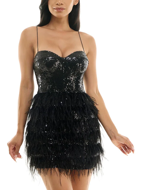 Women's Everyday Garments Juniors Womens Feather Trim Mini Fit & Flare Dress