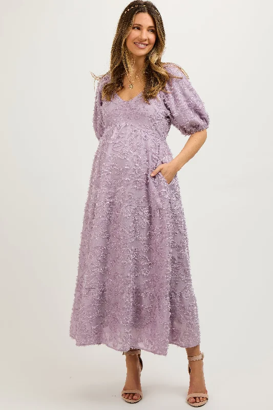 Women's Holiday Outfit Lavender Fringe Textured Short Puff Sleeve Maternity Midi Dress