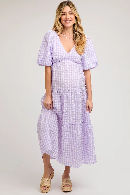 Women's Clothing Sale Online Lavender Gingham Puff Sleeve Maternity Tiered Midi Dress