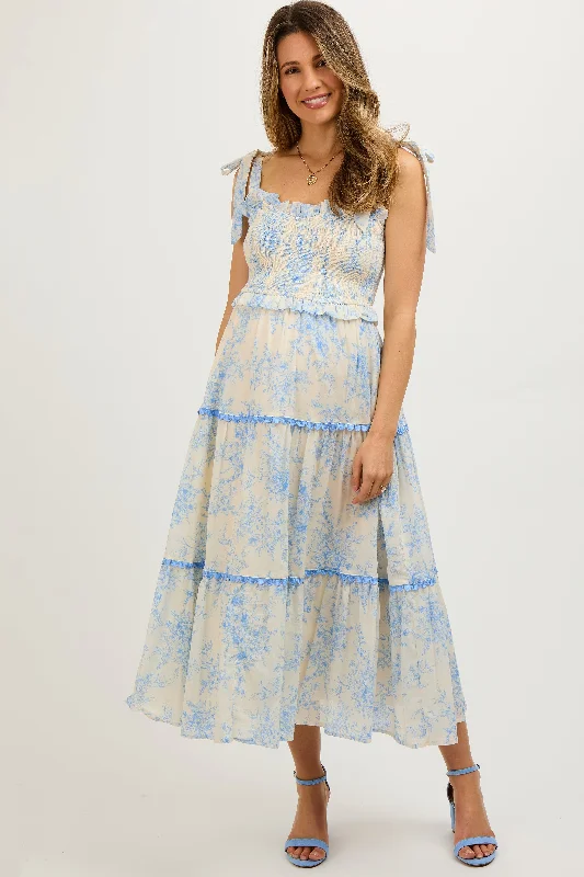 Women's Seasonal Apparel Light Blue Floral Sleeveless Ruffle Tiered Maternity Midi Dress