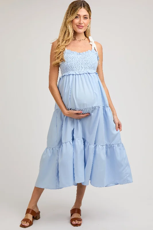 Affordable Women's Clothing Light Blue Sleeveless Tiered Colorblock Strap Maternity Maxi Dress