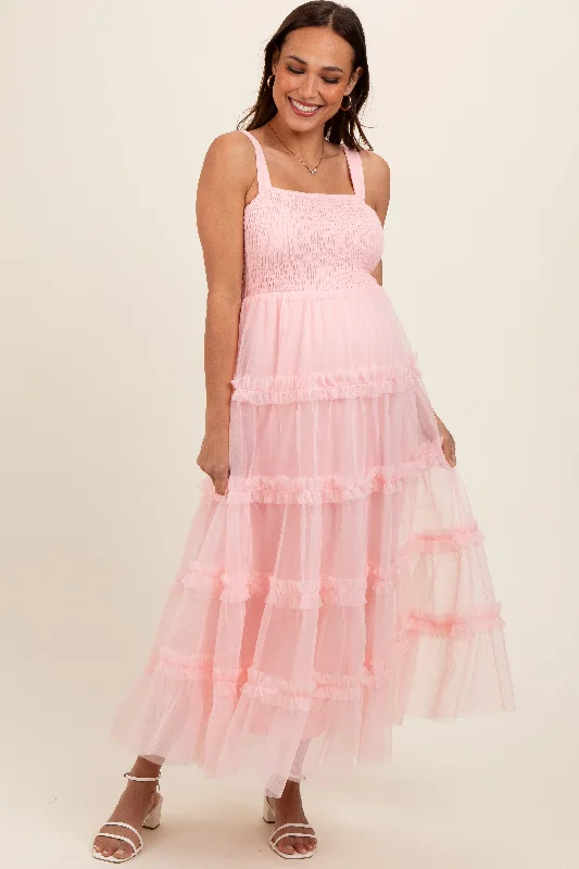 Women's Clothing for Every Season and Trend Light Pink Smocked Ruffle Tiered Tulle Maternity Midi Dress