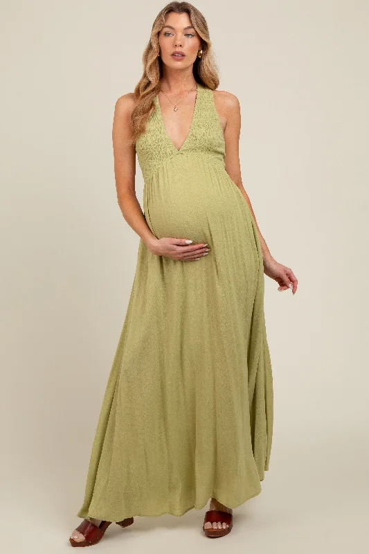 Women's Timeless Attire Lime Deep V-Neck Cross Back Maternity Maxi Dress