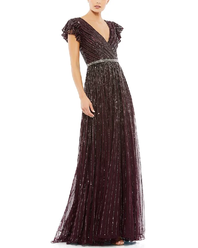Trendy Online Boutiques Mac Duggal Sequined Wrap Over Ruffled Cap Sleeve Gown