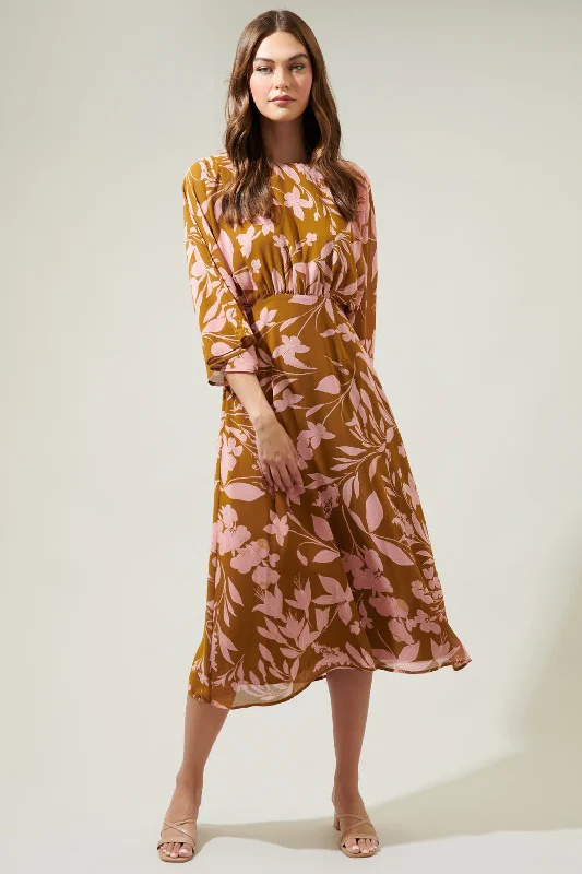 Elegant Women's Clothing Magnolia Floral Kimono Sleeve Drapery Midi Dress