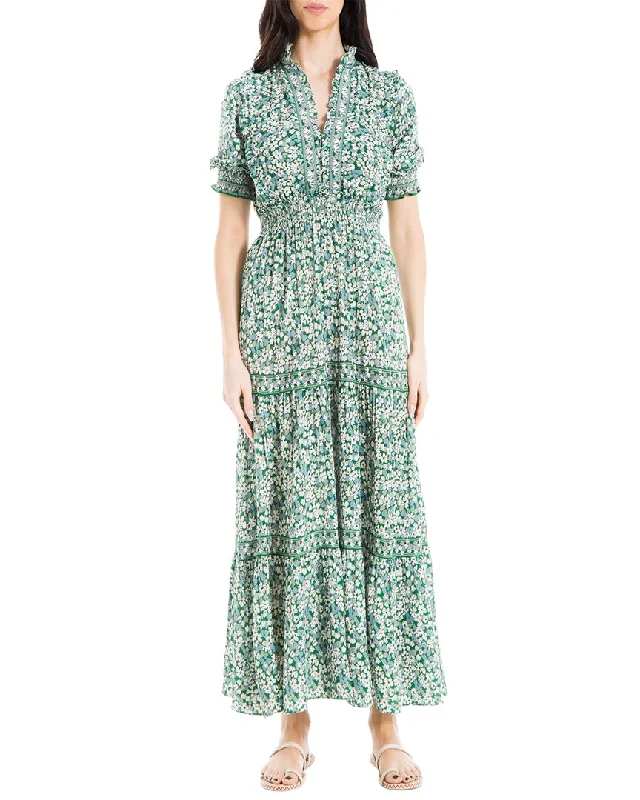 Feminine Dresses for Women in Bold Prints Max Studio Crepe Smocked S/S Tiered Maxi Dress
