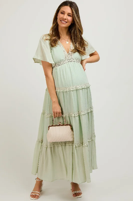 Women's Chic Apparel Mint Crochet Lace Tiered Maternity Maxi Dress