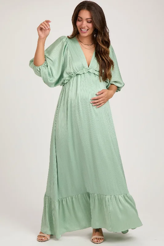 Formal Garments For Women Mint Striped Ruffle Accent Maternity Maxi Dress