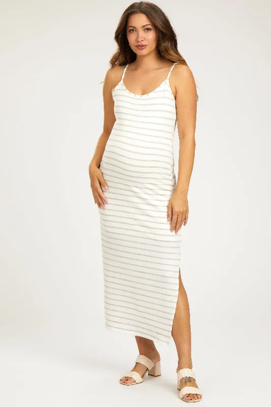 Best Clearance Sales Right Now Mocha Striped Knit Side Slit Sleeveless Maternity Midi Dress