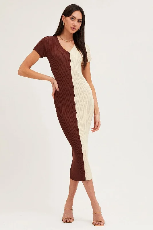 Women's Casual Wear Clothing Multi Colorblock Button Front Knit Dress