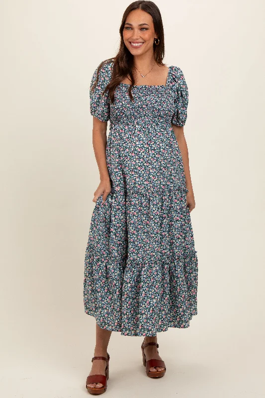 Stylish Outerwear Clothes For Women Navy Floral Smocked Tiered Puff Sleeve Maternity Maxi Dress