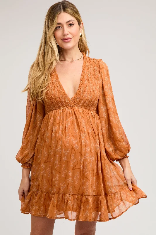 Fashion-Forward Women's Clothing Orange Floral Smocked Long Sleeve Maternity Dress