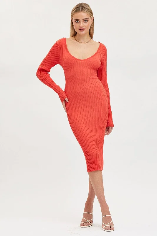 Orange Knit Dress Evening Midi