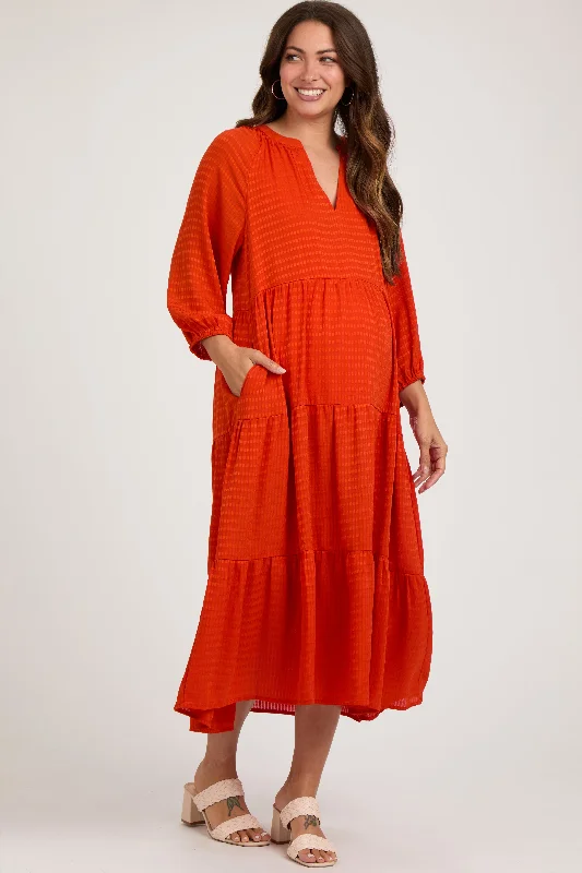 Best Online Boutiques Orange Textured Tiered Maternity Midi Dress
