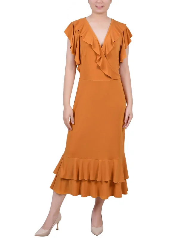 Exclusive Online Sale Petites Womens Ruffled A-Line Midi Dress