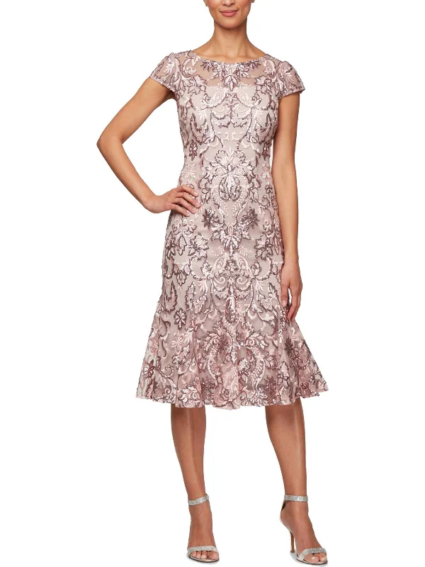 Petites Womens Sequined Flounce Cocktail Dress