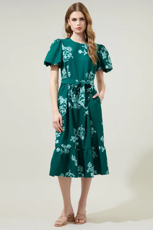 Women's Elegant Evening Outfit Piney Jacobean Palomino Bubble Sleeve Midi Dress