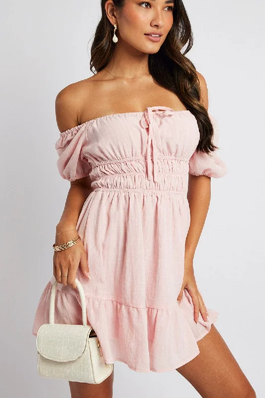 Online Boutique Stores Pink Fit And Flare Dress Puff Sleeve Mini