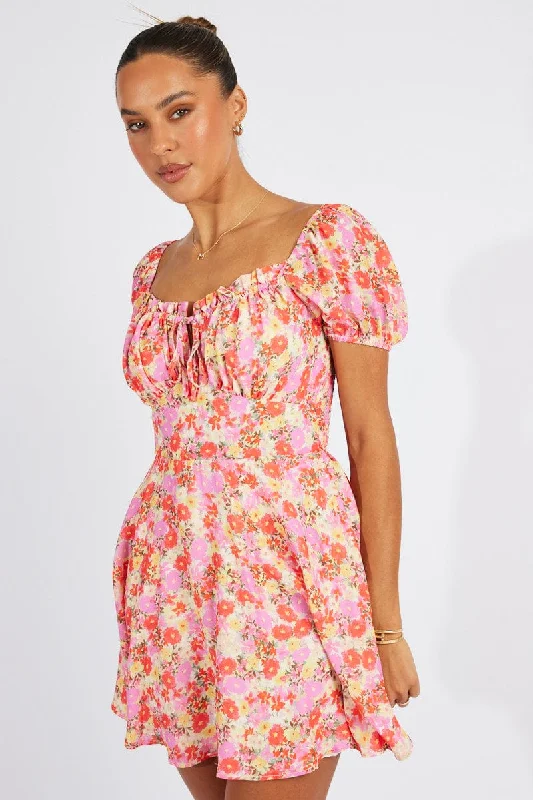 Clothing Sale Pink Floral Fit And Flare Dress Puff Sleeve Mini