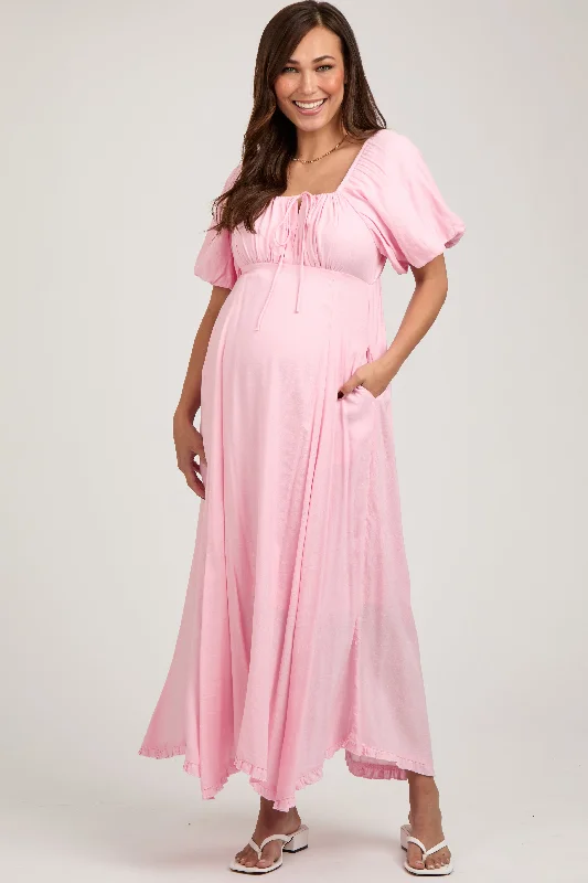 Online Boutiques Clothing Pink Front Tie Puff Sleeve Maternity Maxi Dress