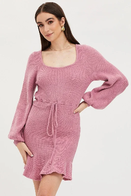 Women's Holiday Attire Pink Tie Up Dress Long Sleeve Mini