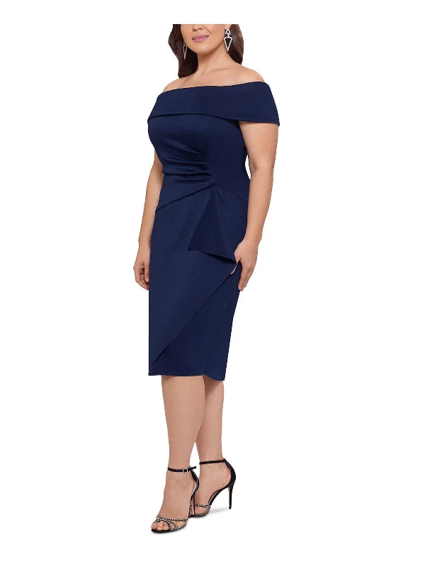 Plus Womens Faux Wrap Midi Cocktail and Party Dress