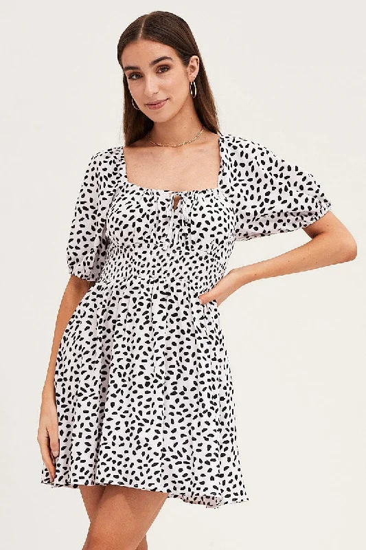 Women's Stylish Outerwear Print Puff Sleeve Skater Dress