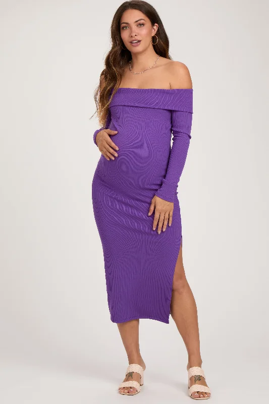 Purple Ribbed Off Shoulder Side Slit Maternity Midi Dress