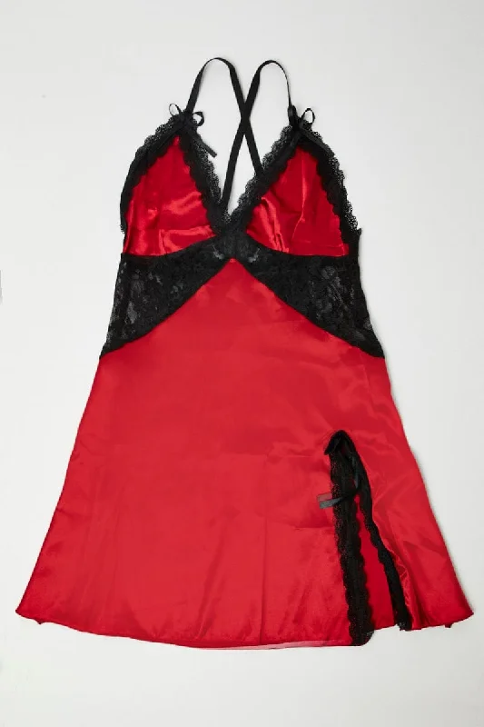 Red Lingerie Set Slip Nightdress with Thong