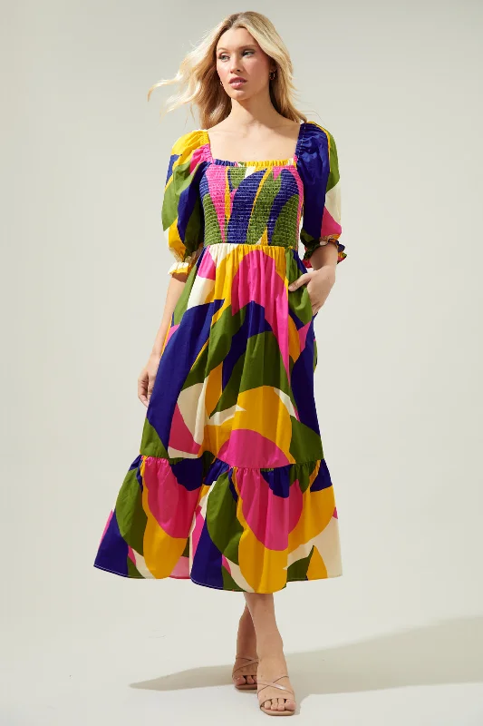 Comfortable Women's Clothes Rio Abstract Simone Poplin Smocked Maxi Dress