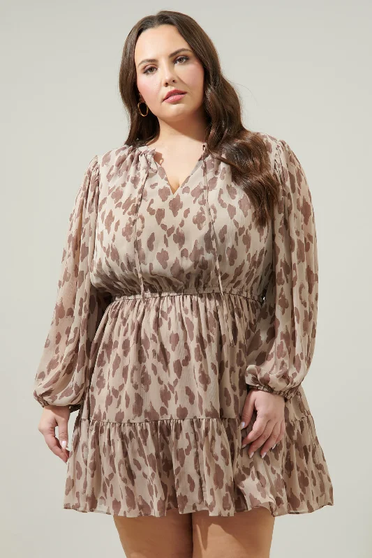 Casual Outfit For Women Sandalwood Leopard Paxton Balloon Sleeve Mini Dress Curve