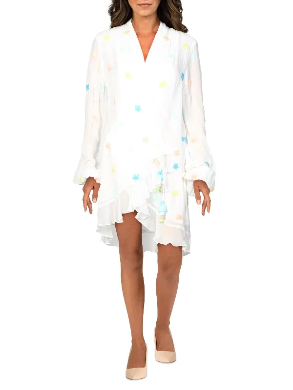 Modern Women's Clothes Sequined Star Womens Sheer V-Neck Mini Dress