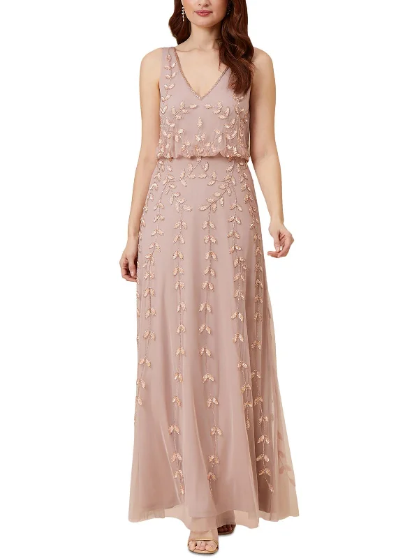 Women's Classic Attire Womens Beaded Mesh Evening Dress