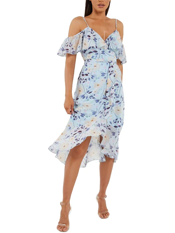 Womens Floral Print Mid Calf Wrap Dress