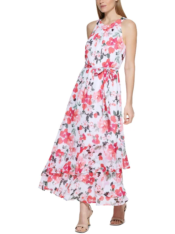 Womens Floral Print Tea Length Halter Dress