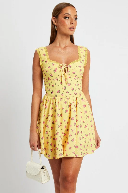 Yellow Floral Fit and Flare Dress Sleeveless Lace Trim