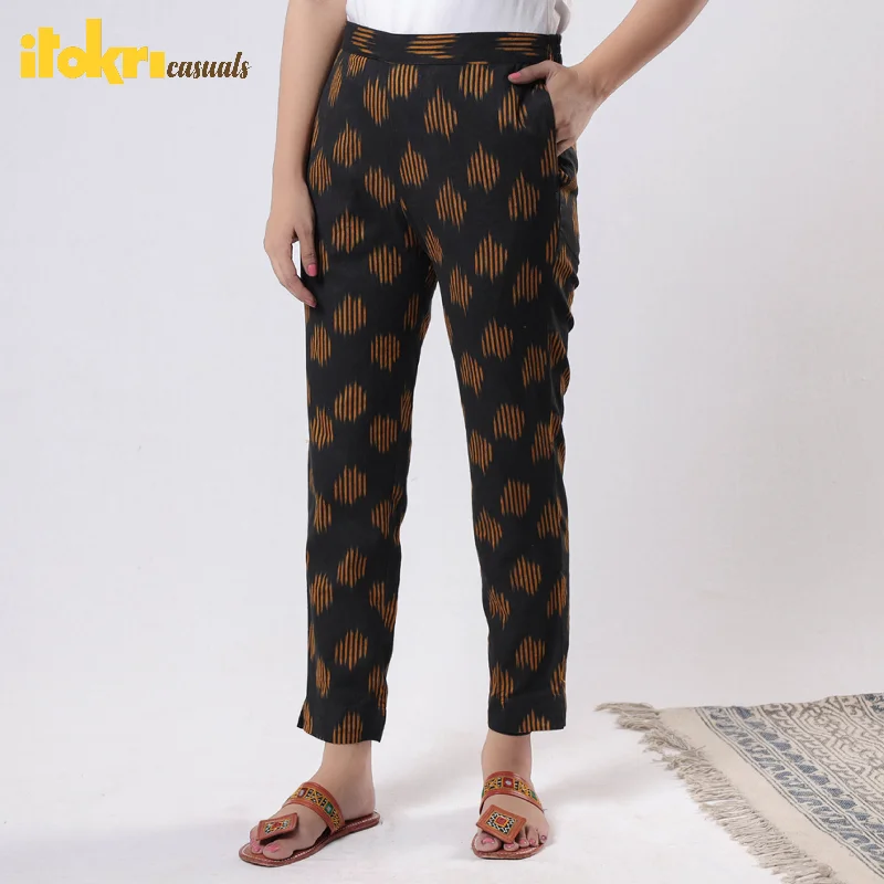 Women's Comfortable Clothes For Weekends Black - iTokri Casuals - Pochampally Ikat Cotton Tapered Casual Pant for Women