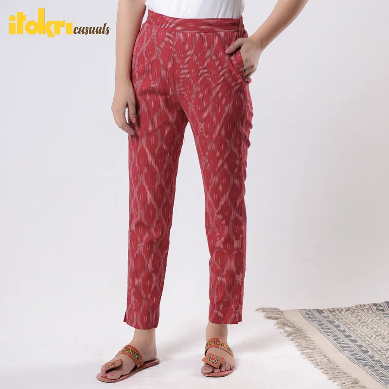 Stylish Outerwear Clothing For Women Red - Pochampally Ikat Cotton Tapered Casual Pant for Women Stylish Outerwear Clothing For Women Red - Pochampally Ikat Cotton Tapered Casual Pant for Women