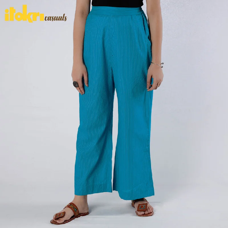 Women's Seasonal Wardrobe Clothing Turquoise Blue - Running Stitch Cotton Palazzo by iTokri Casuals Women's Seasonal Wardrobe Clothing Turquoise Blue - Running Stitch Cotton Palazzo by iTokri Casuals
