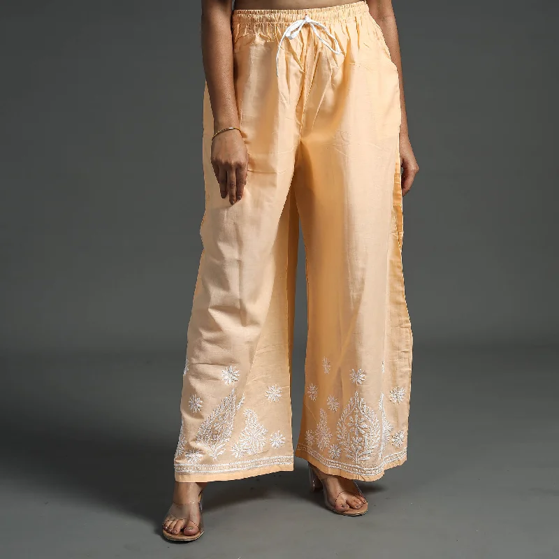 Women's Resort Garments Beige - Lucknow Chikankari Hand Embroidery Cotton Palazzo (Free Size)