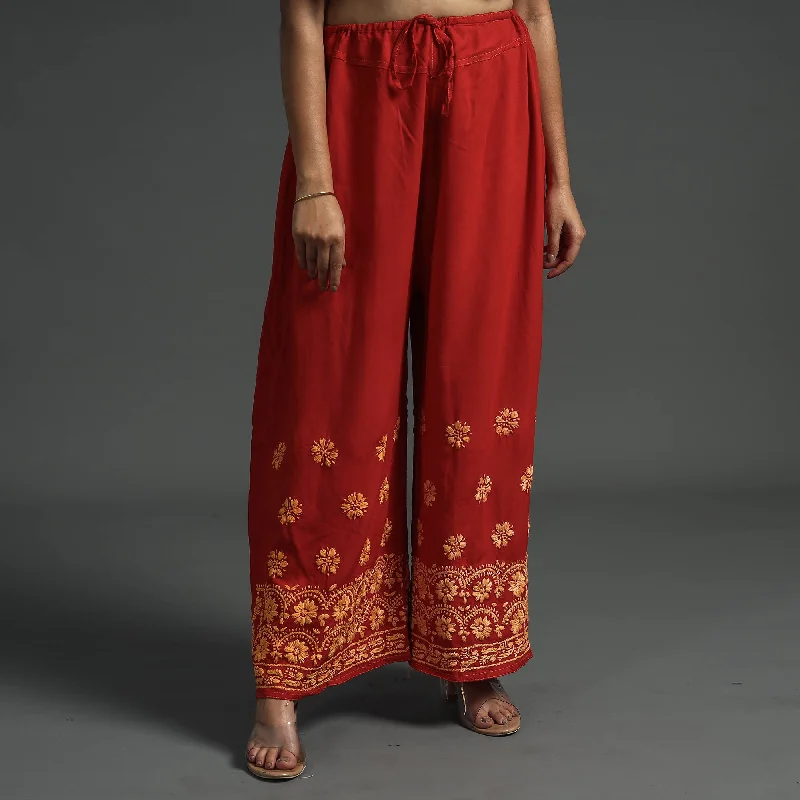 Women's Date Night Outfit Red - Lucknow Chikankari Hand Embroidery Rayon Palazzo (Free Size) Women's Date Night Outfit Red - Lucknow Chikankari Hand Embroidery Rayon Palazzo (Free Size)
