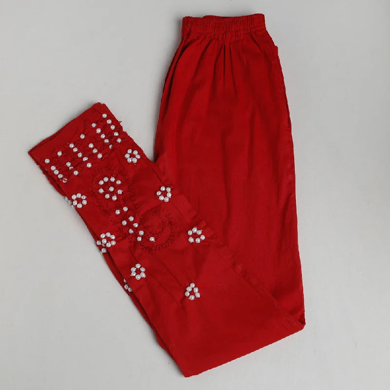 Comfortable Casual Wear Red - Lucknow Chikankari Hand Embroidery Beadwork Cotton Pant (Free Size) Comfortable Casual Wear Red - Lucknow Chikankari Hand Embroidery Beadwork Cotton Pant (Free Size)